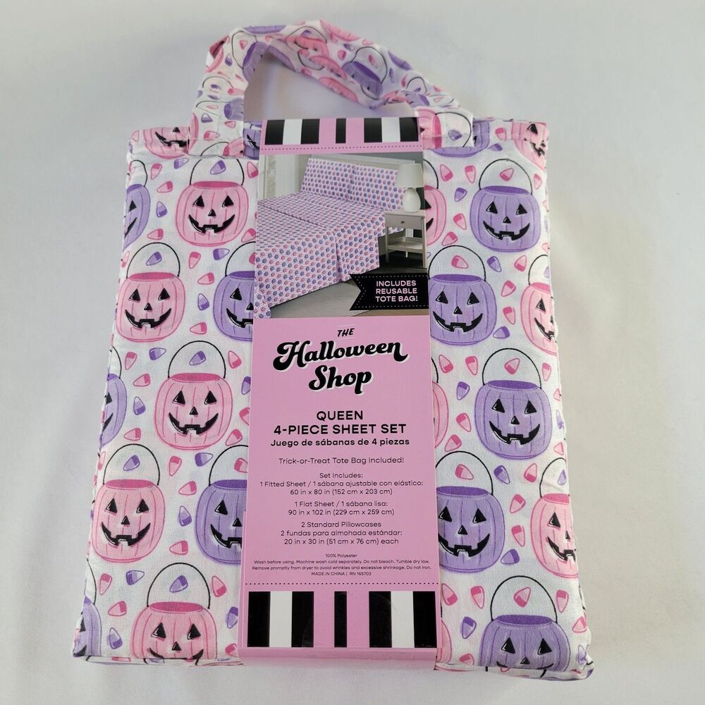 Halloween Pink Purple White QUEEN 4pc Sheets Set Trick Treat Buckets Candy Corn